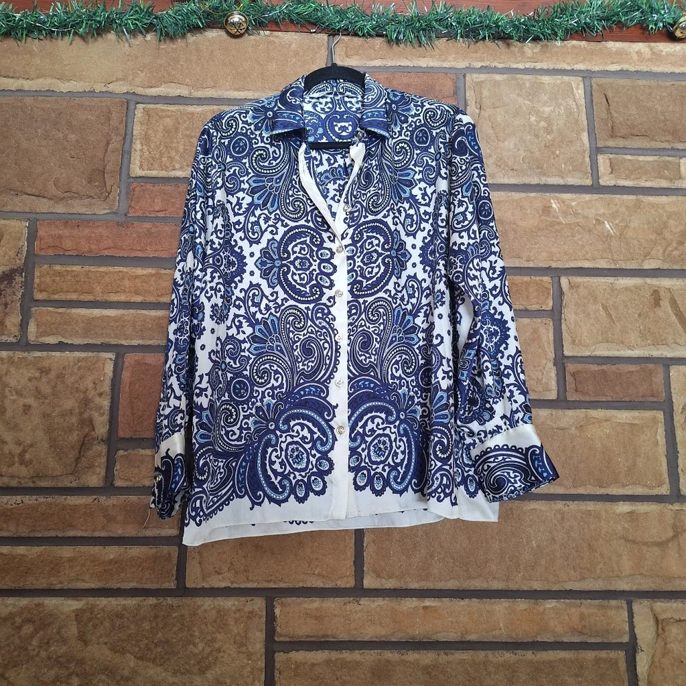 Zara Paisley Printed Silky Button Down Blouse Small - Picture 2 of 8